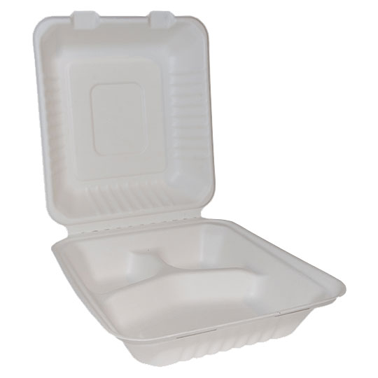 Bagasse 3 Compartment Square Lunch Box 8 x 8" (Case/200)